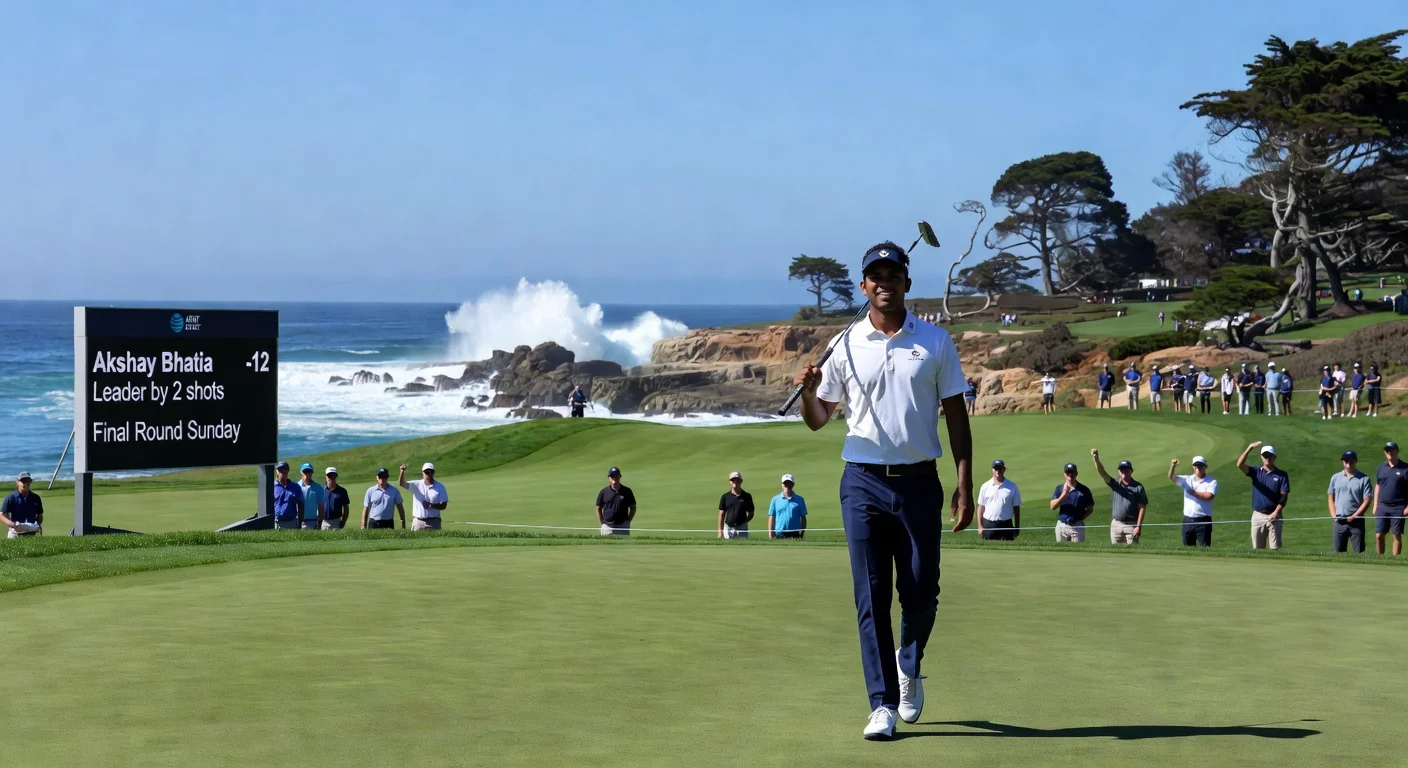 Akshay Bhatia, leading by two shots at Pebble Beach Pro-Am entering final round, walks confidently on the 18th green with leaderboard.