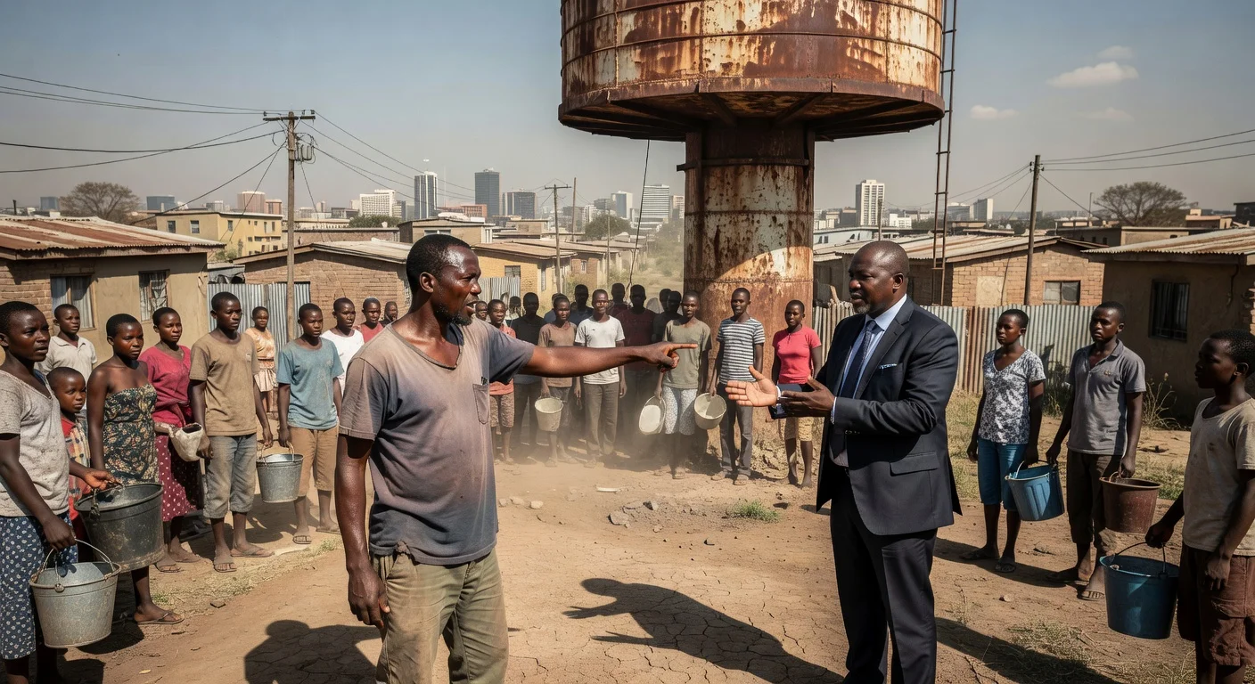 Brixton resident angrily confronts Johannesburg Mayor Dada Morero at a water tower amid prolonged outages.