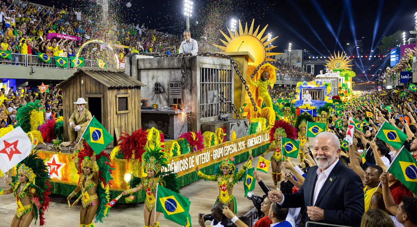 Acadêmicos de Niterói samba school parade at Rio Carnival tributing President Lula, who watches from the avenue.