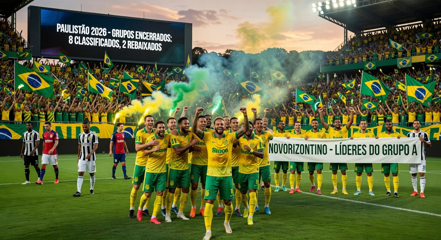 Stadium scene celebrating Paulistão 2026 group stage end: Santos and Neymar victorious, Novorizontino top, relegated teams disappointed.