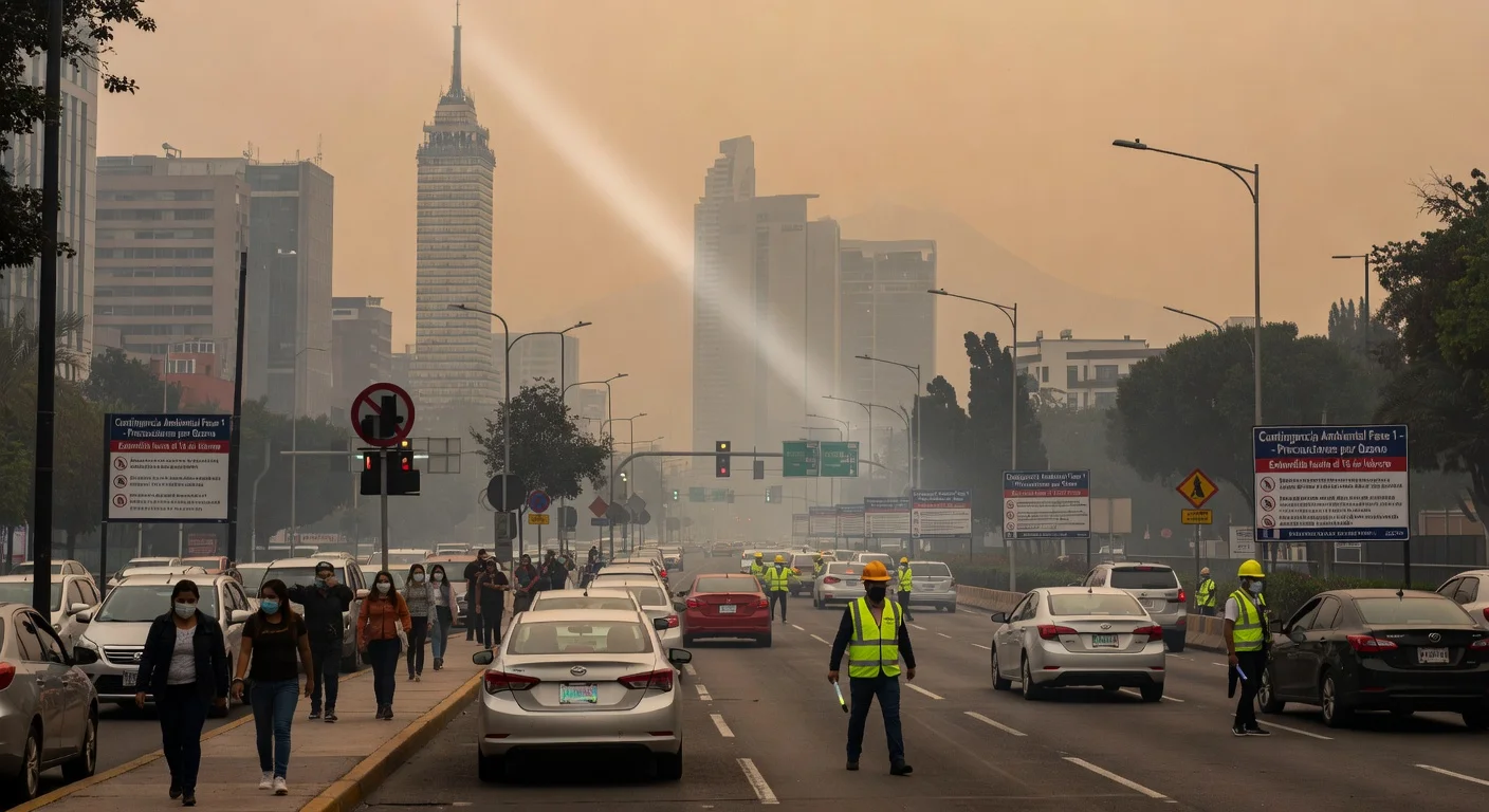 Smog-filled Mexico City skyline during ozone pollution alert with vehicle restrictions and health precautions.