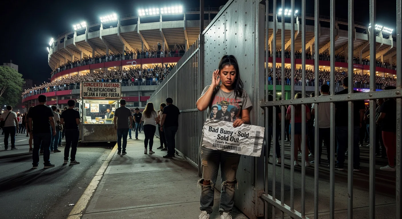Disappointed young woman listens to Bad Bunny's sold-out concert from outside Estadio Monumental after buying a fake ticket.