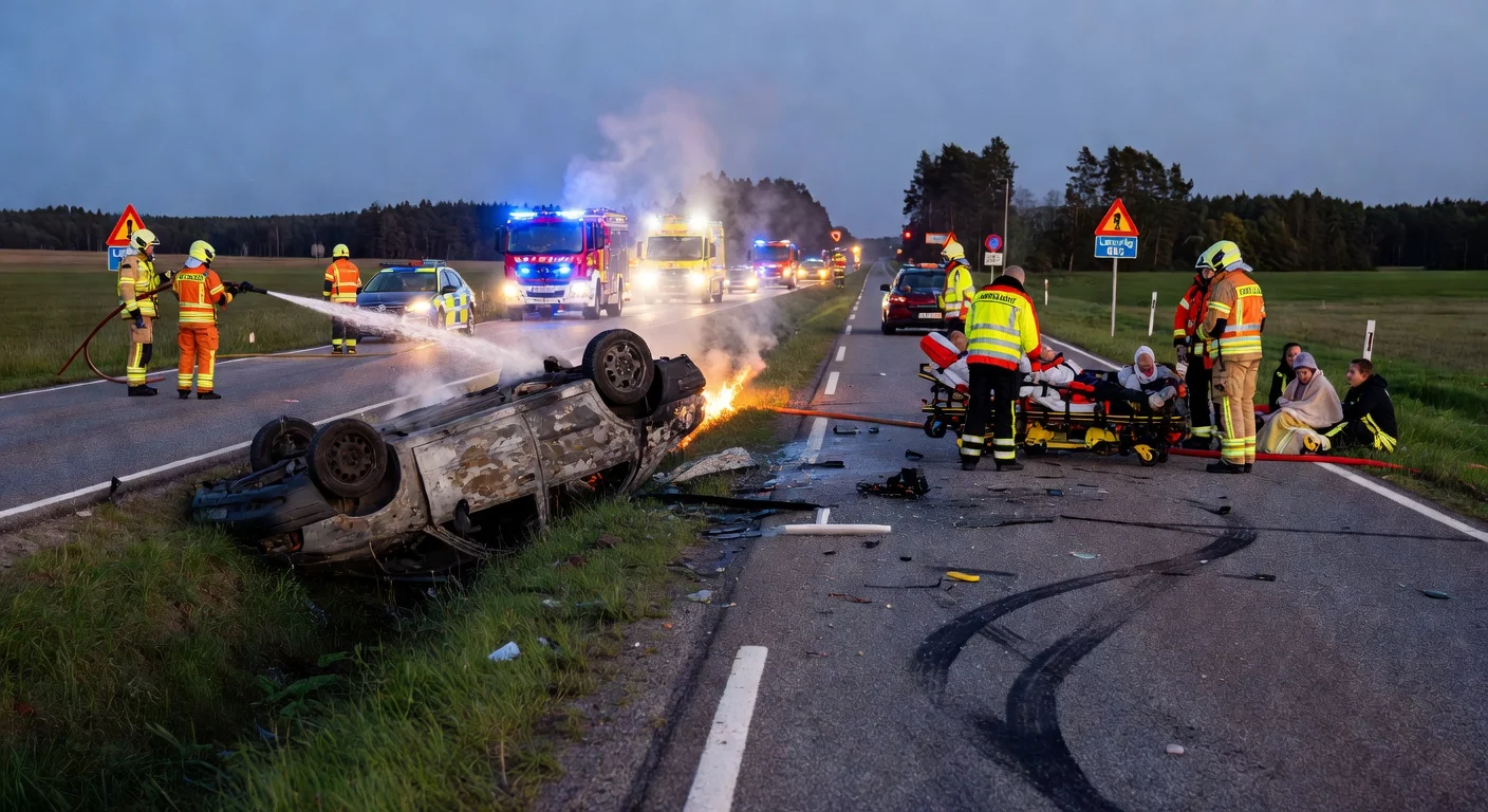 Emergency responders extinguish a burning overturned car and treat injured victims at a crash site on länsväg 685 outside Jönköping.