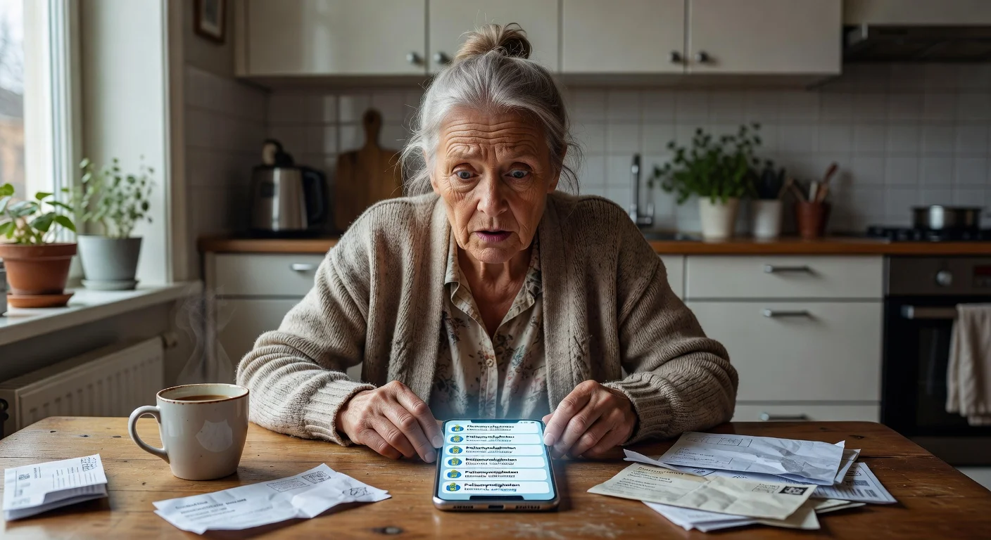 Elderly Swedish woman alarmed by multiple fake police SMS scam messages on her smartphone about traffic fines.