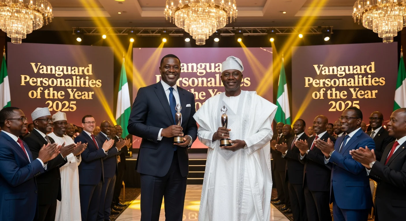 Olubunmi Tunji-Ojo and Alhaji Sayyu Idris Dantata receive Vanguard Personalities of the Year 2025 awards at Eko Hotels in Lagos.