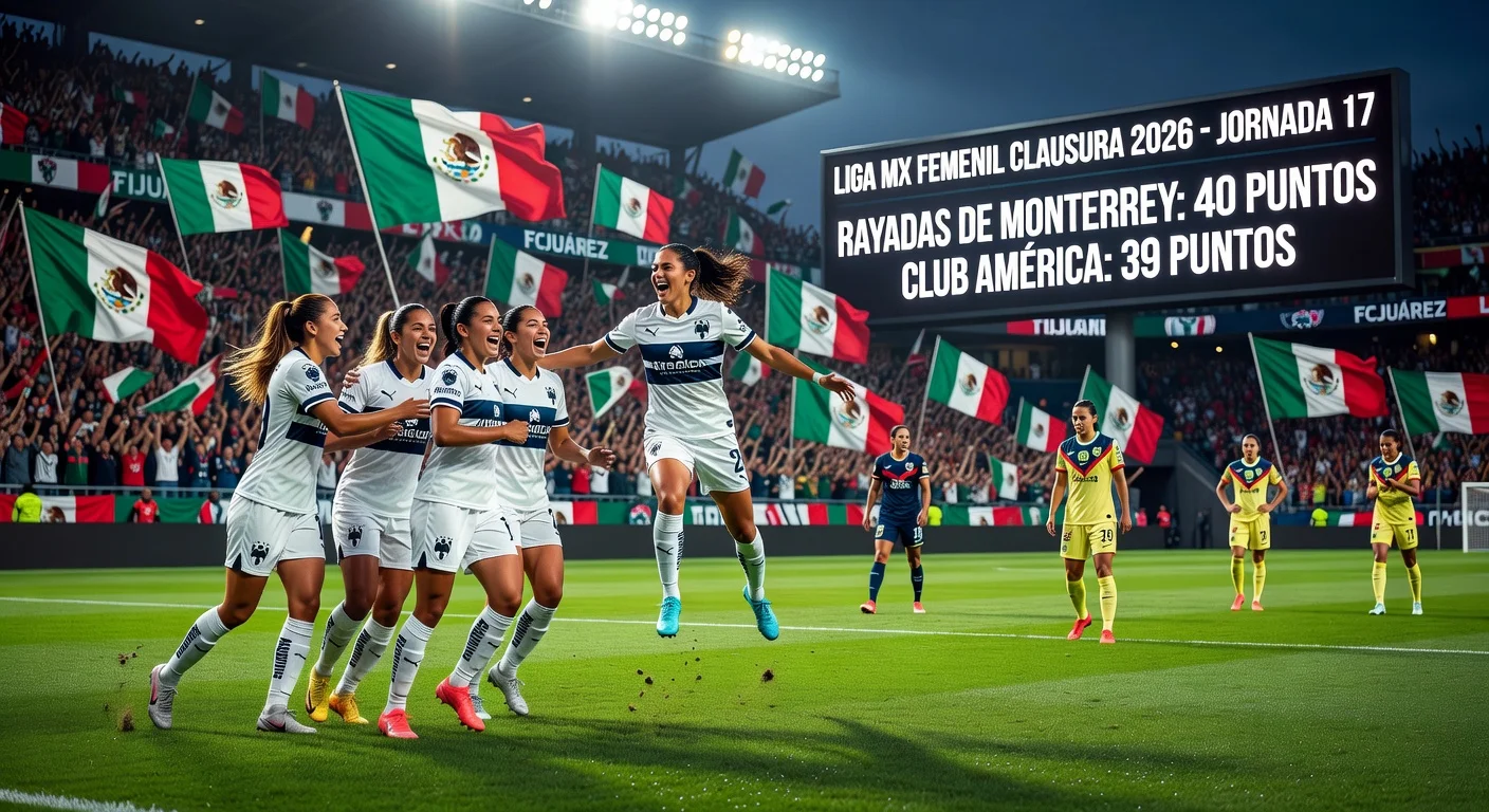 Vibrant illustration of Liga MX Femenil Jornada 17 climax, featuring Rayadas de Monterrey leading the standings over Club América amid liguilla qualification drama.