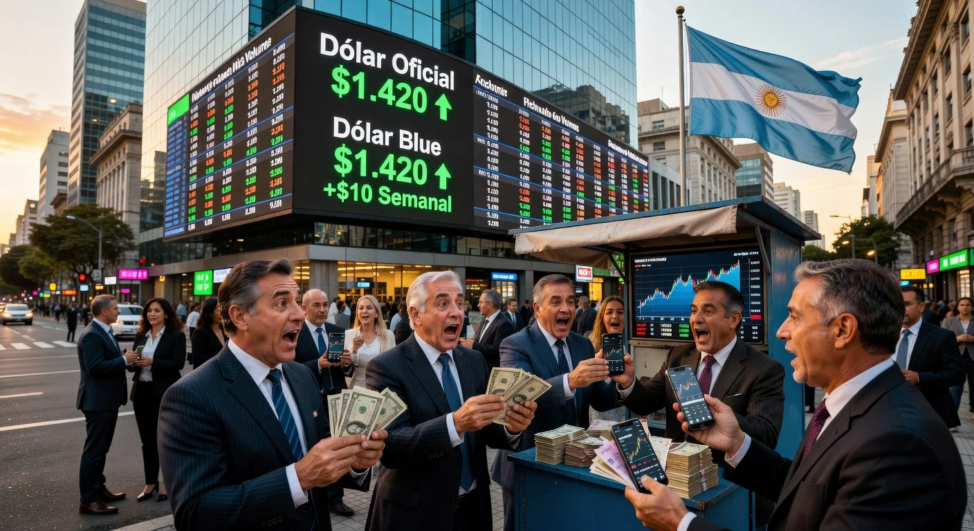 Photorealistic image of Buenos Aires traders amid rising dollar rates, official and blue dollar at $1,420 after weekly gain.