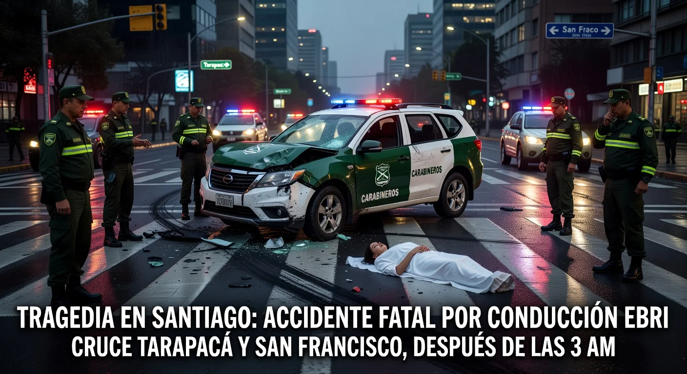 Nighttime scene of fatal car crash in Santiago: wrecked police vehicle, covered victim body, emergency lights, and officers on rainy street.
