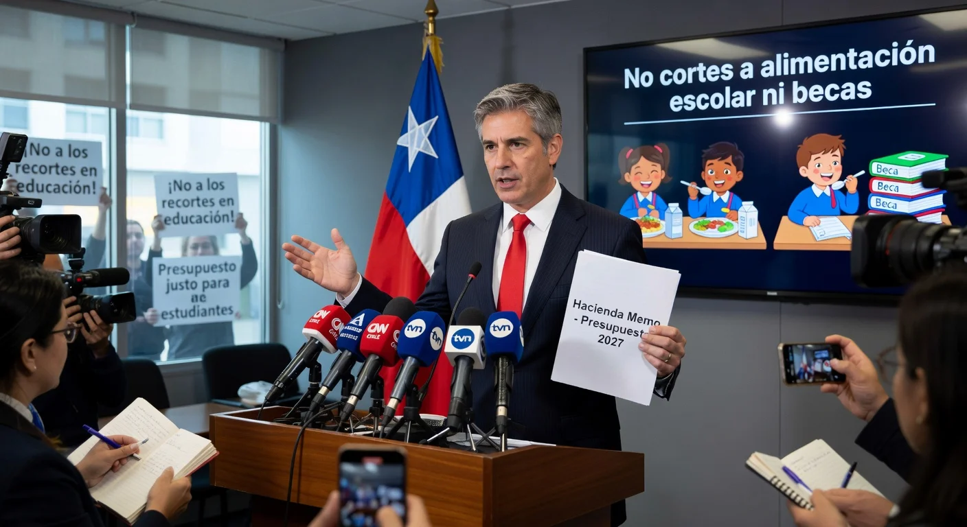 Chilean Finance Minister Jorge Quiroz at press conference clarifying no cuts to school feeding programs or scholarships.