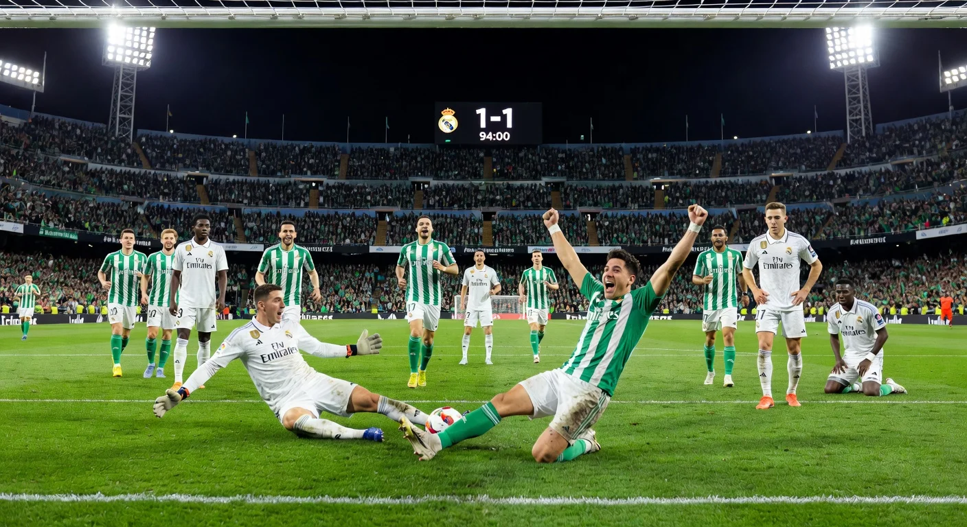 Dramatic late equalizer by Héctor Bellerín for Real Betis against Real Madrid at La Cartuja Stadium, capturing the 1-1 draw tension.