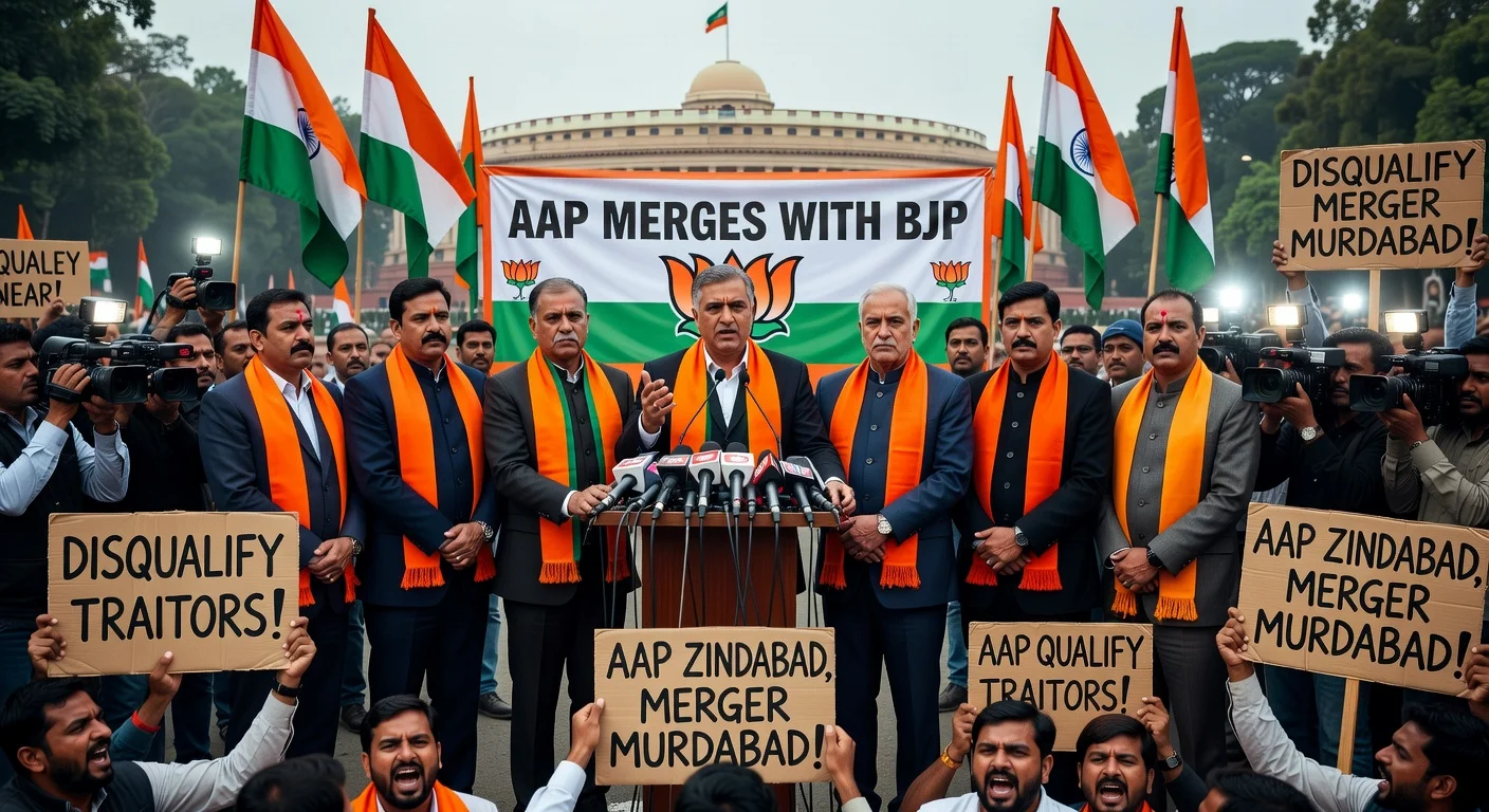 Dramatic press conference scene of seven AAP Rajya Sabha MPs, led by Raghav Chadha, merging with BJP amid protests.