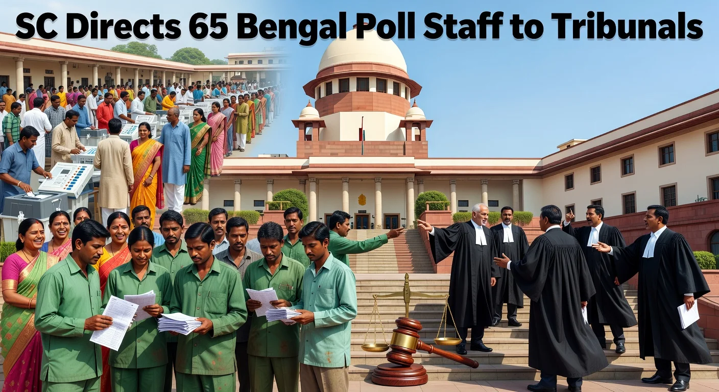 Supreme Court of India scene with disappointed West Bengal election staff and vibrant polling booth crowds highlighting high turnout.