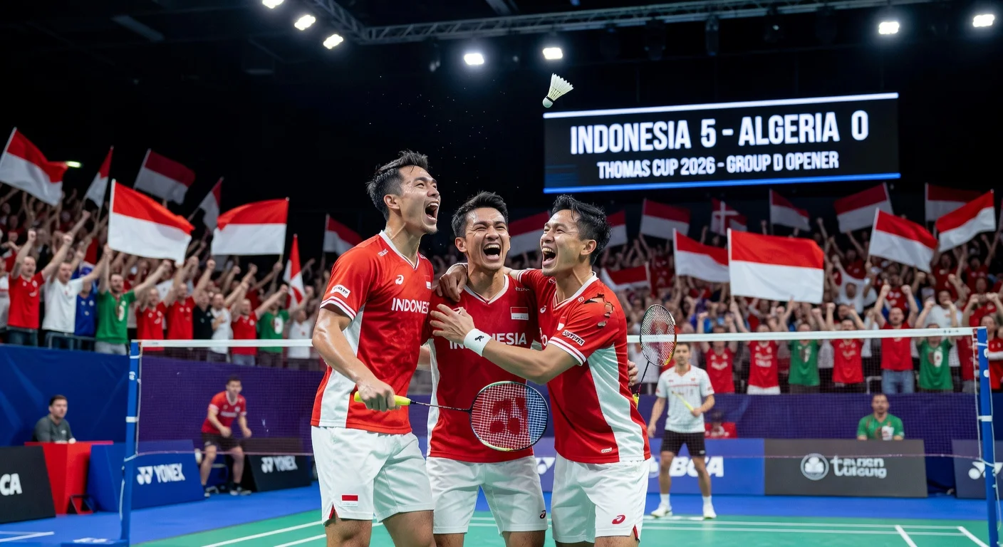 Indonesian badminton players celebrate 5-0 Thomas Cup win over Algeria.