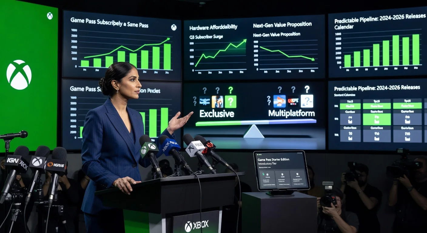Xbox CEO Asha Sharma at press conference outlining data-driven Game Pass and exclusivity plans.