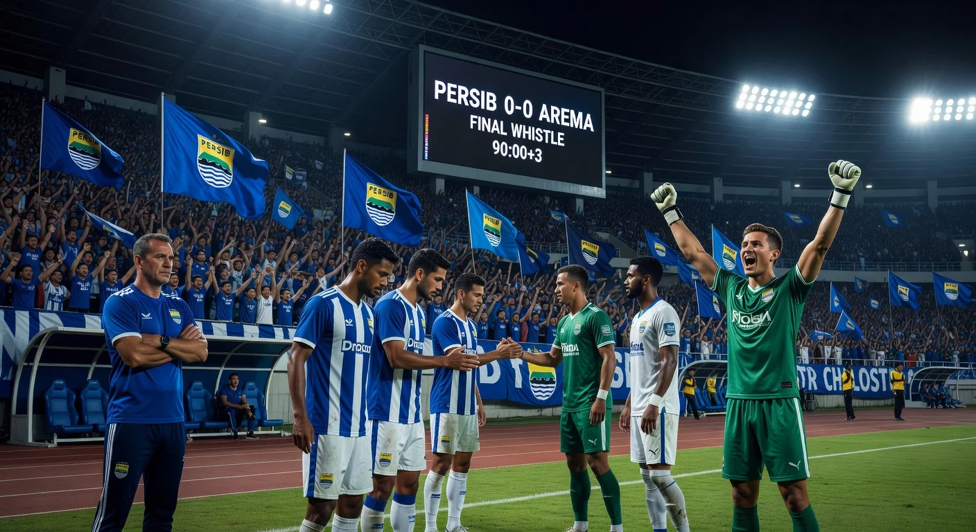 News illustration depicting the 0-0 draw between Persib Bandung and Arema FC at GBLA Stadium, with dejected Persib players, celebrating Arema goalkeeper, and packed fan stands.