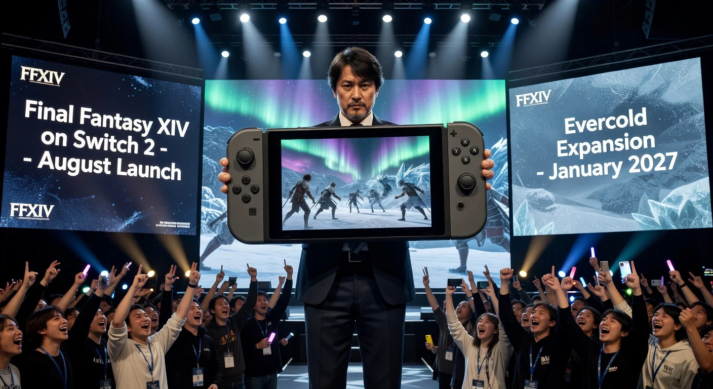 Naoki Yoshida demonstrates Final Fantasy XIV on Nintendo Switch 2 at Fan Fest, showcasing Evercold expansion.