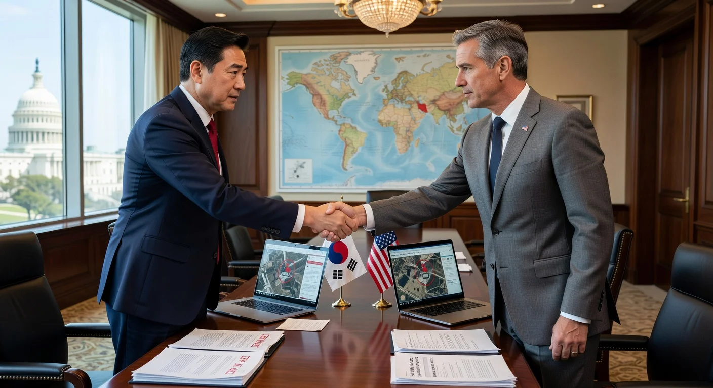 South Korean and US diplomats shaking hands in Washington DC meeting to normalize intelligence sharing amid North Korea uranium site controversy.