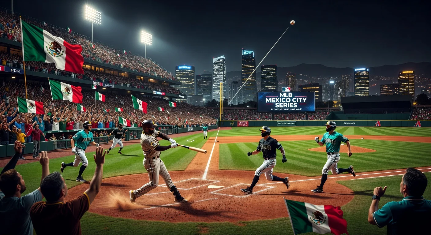 Action shot of San Diego Padres vs. Arizona Diamondbacks MLB game at Estadio Alfredo Harp Helú in Mexico City, with fans and high-altitude stadium vibe.