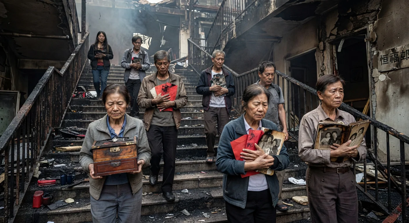 Hong Kong residents navigate fire-damaged ruins of Wang Fuk Court to retrieve cherished family items before farewell.