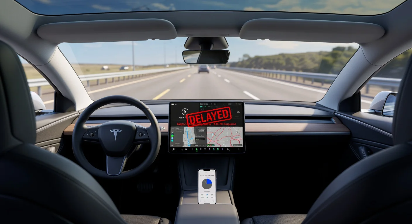 Tesla dashboard illustrating delayed CarPlay integration due to Apple Maps compatibility and iOS adoption issues.