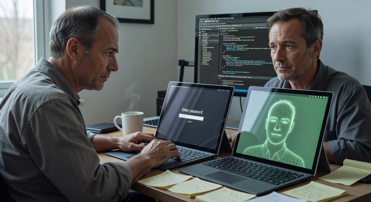Illustration of a technology writer missing Windows Hello facial recognition after switching Microsoft Surface laptops to Linux.