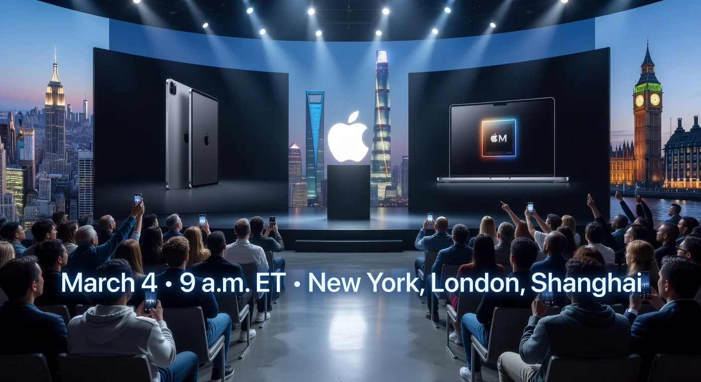 Illustration depicting Apple's March 4 special event with global gatherings in New York, London, and Shanghai, teasing new iPads and MacBooks.