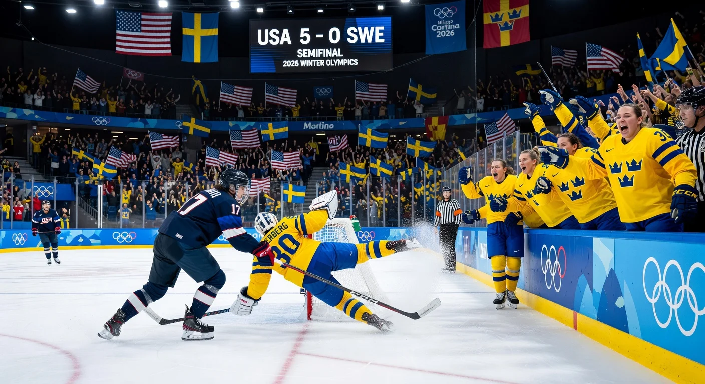 Dramatic sports photo of controversial hit on Sweden's goalkeeper Emma Söderberg during 5-0 Olympic semifinal loss to USA women's ice hockey team.