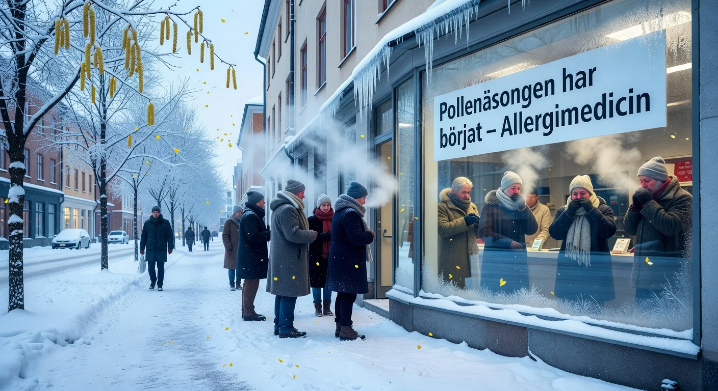 Wintery Swedish scene showing pollen floating over snow-covered ground amid sub-zero temperatures, with a pharmacy selling allergy medications.