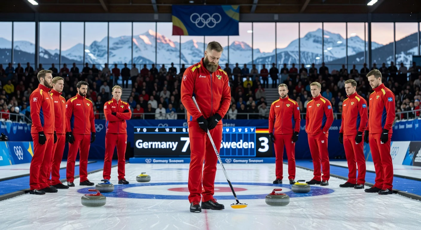 Dejected Swedish curler Niklas Edin and Lag Edin team on Olympic rink after elimination loss to Germany.