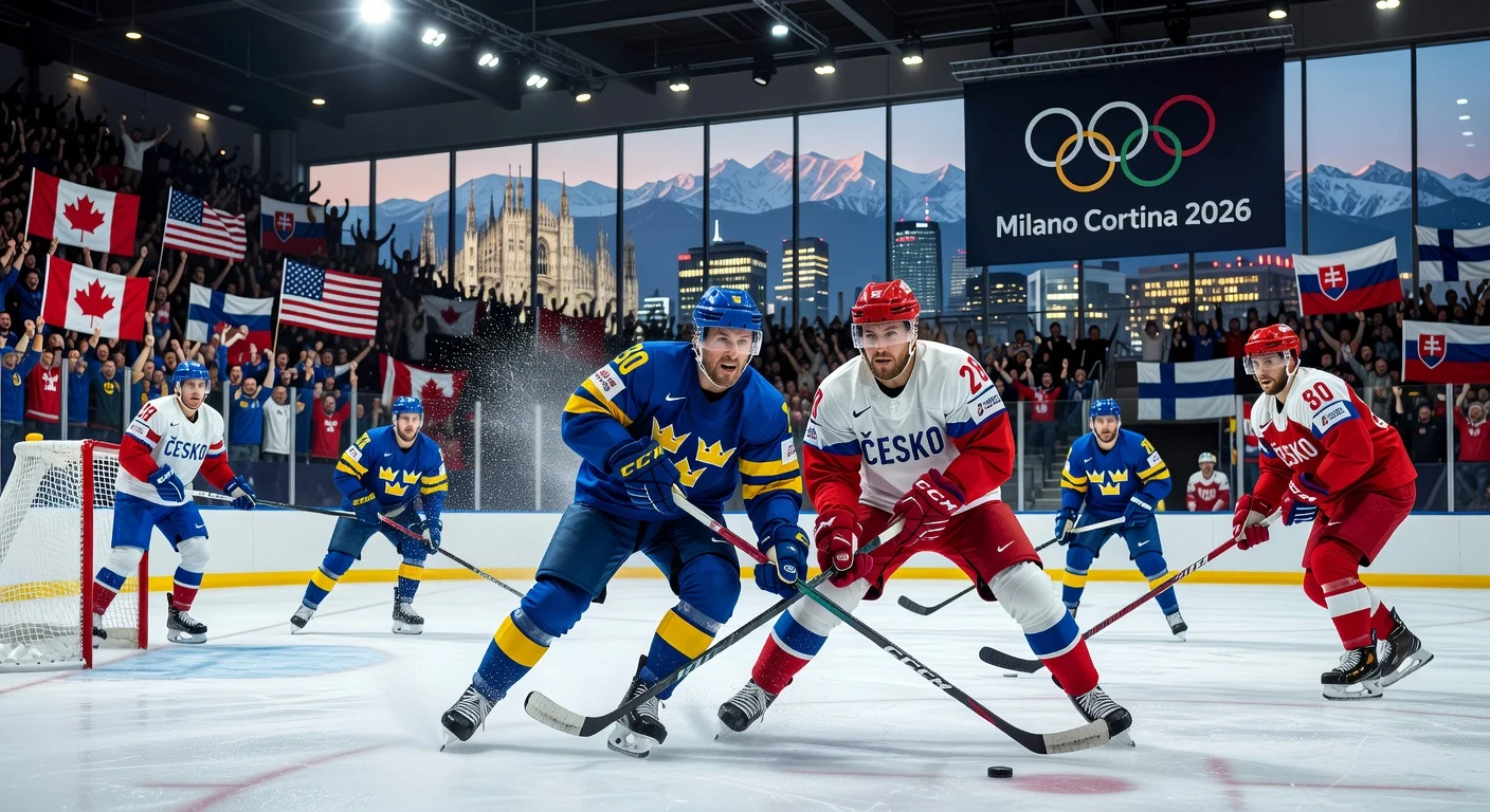 Realistic illustration of intense Olympic men's hockey qualification playoffs in Milan, with players clashing on ice amid cheering crowds and Olympic branding.