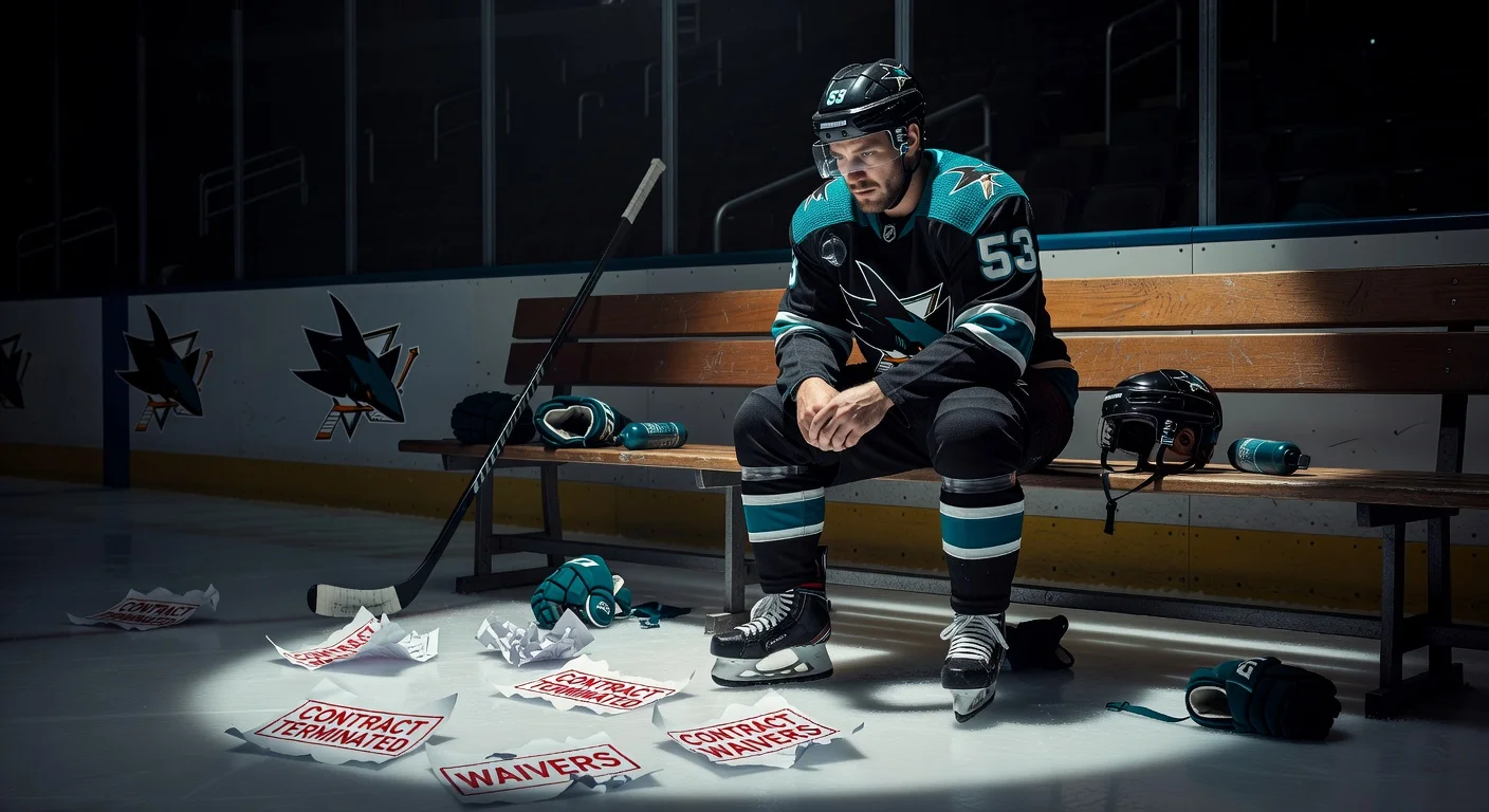 Dejected Jeff Skinner of the San Jose Sharks sits on the bench amid contract termination papers, symbolizing his placement on waivers.