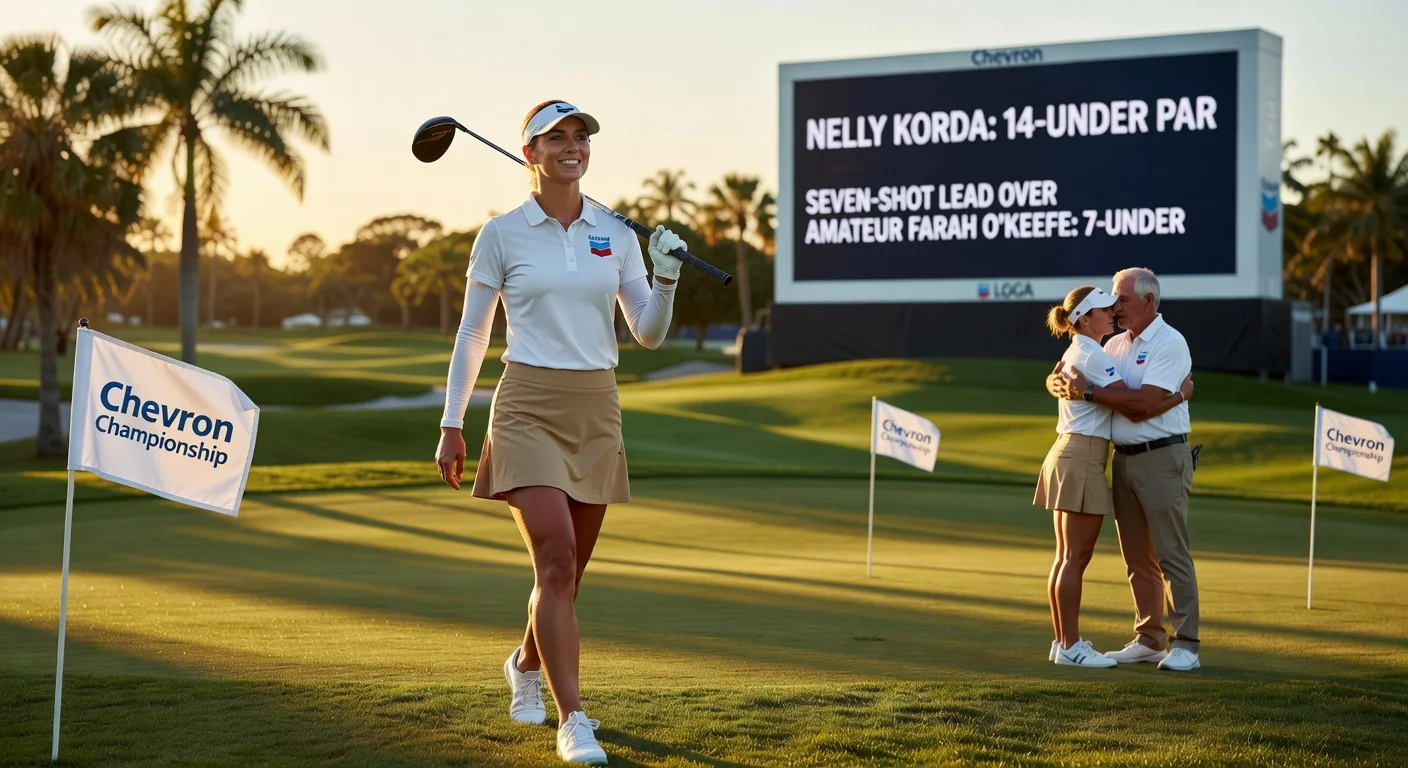 Nelly Korda celebrates her seven-shot lead at 14-under par in the Chevron Championship, with leaderboard and emotional moments in the background.