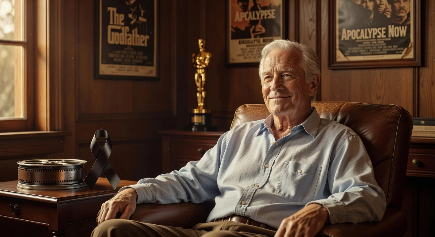 Tribute portrait of Robert Duvall at 95, surrounded by Hollywood memorabilia, for news obituary feature.