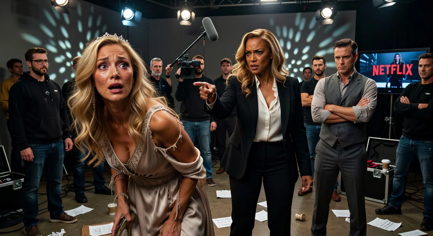 Dramatic illustration depicting alleged sexual assault filming and Tyra Banks-Jay Manuel fallout in Netflix's ANTM docuseries.