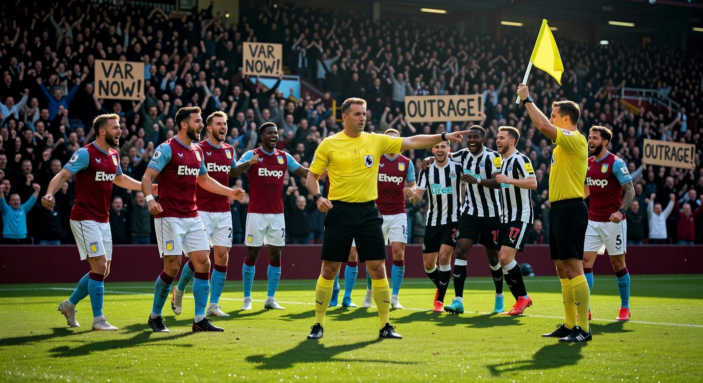 Referee Chris Kavanagh at center of FA Cup controversy, signaling amid protesting Aston Villa players during Newcastle United match.