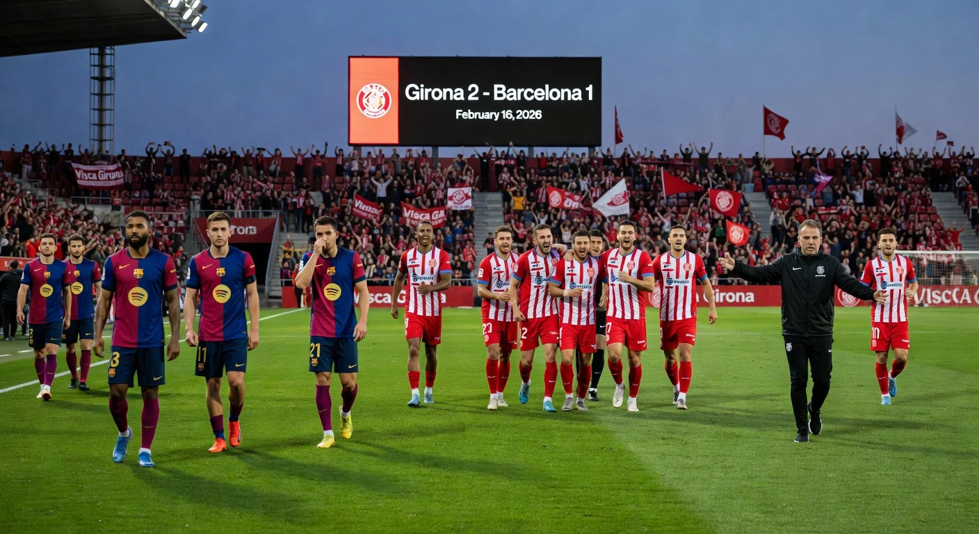Girona players celebrate 2-1 La Liga derby triumph over Barcelona, with dejected opponents and jubilant fans in the stadium.