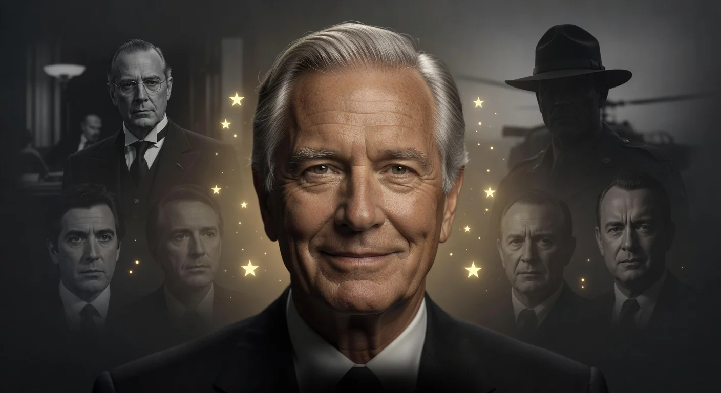 Dignified portrait of Robert Duvall surrounded by subtle tributes from his iconic film roles and Hollywood peers, honoring his legacy after passing at 95.