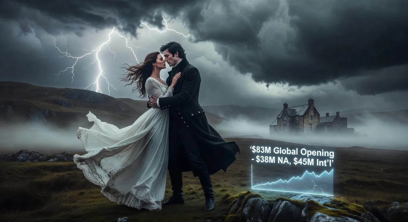 Dramatic moors scene with Margot Robbie and Jacob Elordi as stars of Wuthering Heights, overlaid with $83 million global box office figures.