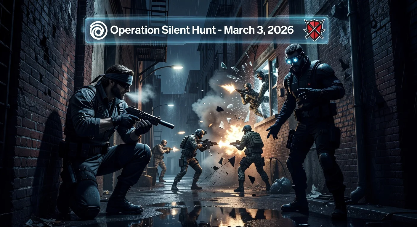 Photorealistic illustration of Solid Snake and Sam Fisher teaming up in Rainbow Six Siege's Operation Silent Hunt, featuring stealth action in a urban night scene.