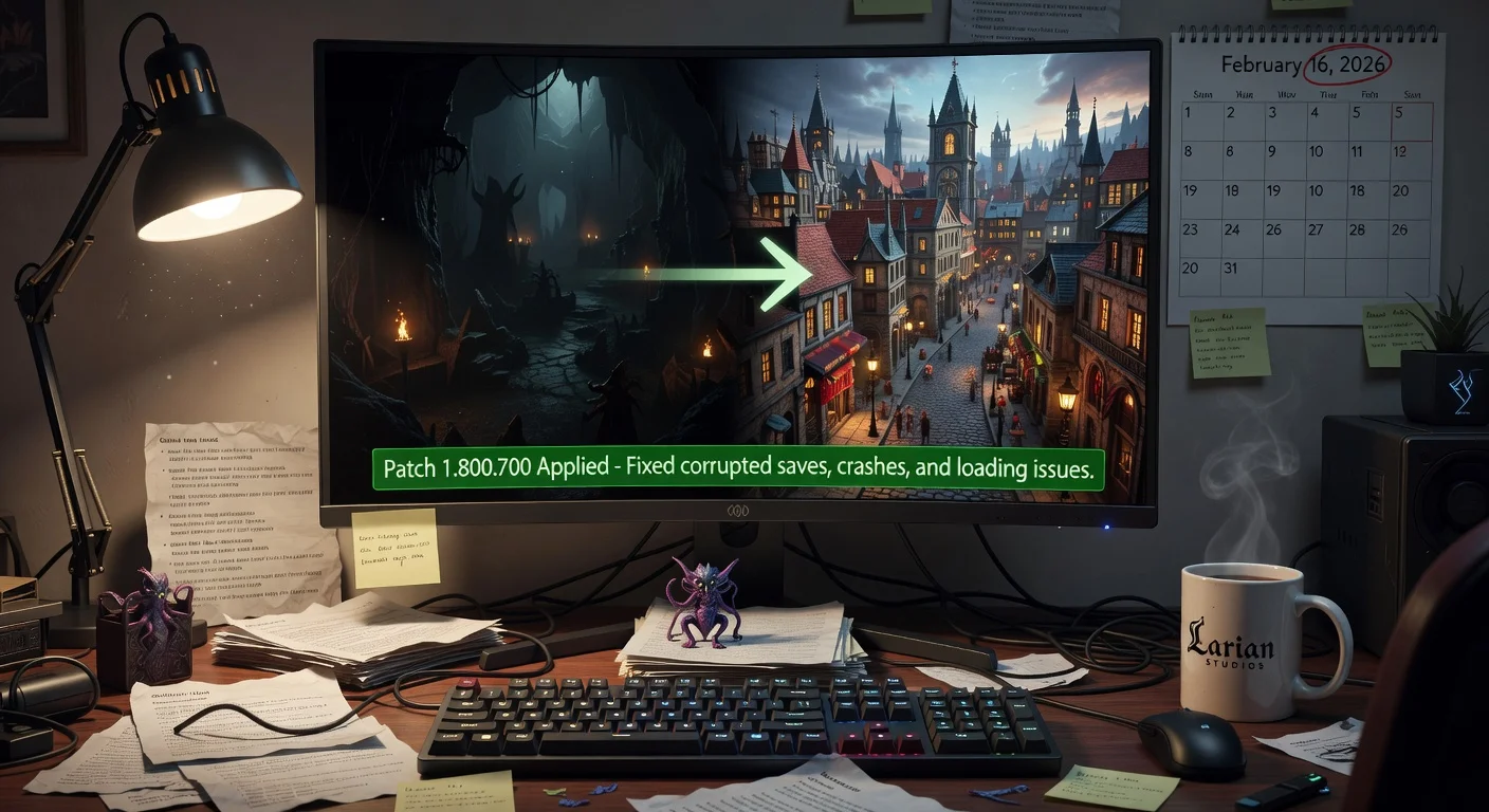 Realistic depiction of a developer's desk showing the Baldur's Gate 3 Patch 1.800.700 update notification fixing crashes and saves, dated February 16, 2026.