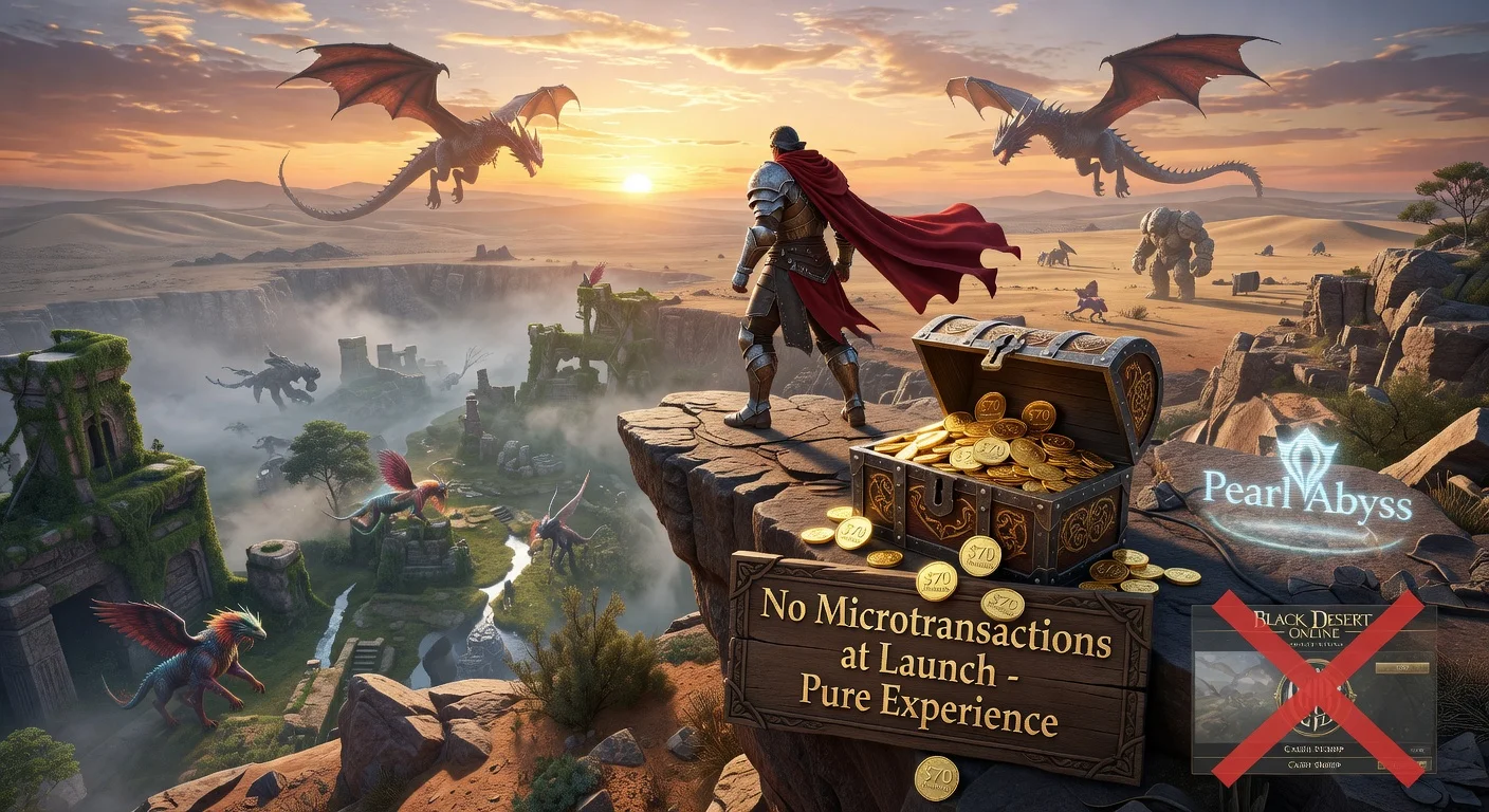 Photorealistic game art of Crimson Desert hero on cliffside, treasure chest with '$70 Premium' label and 'No Microtransactions' sign, contrasting faded Black Desert shop, for news article on launch without MTX.