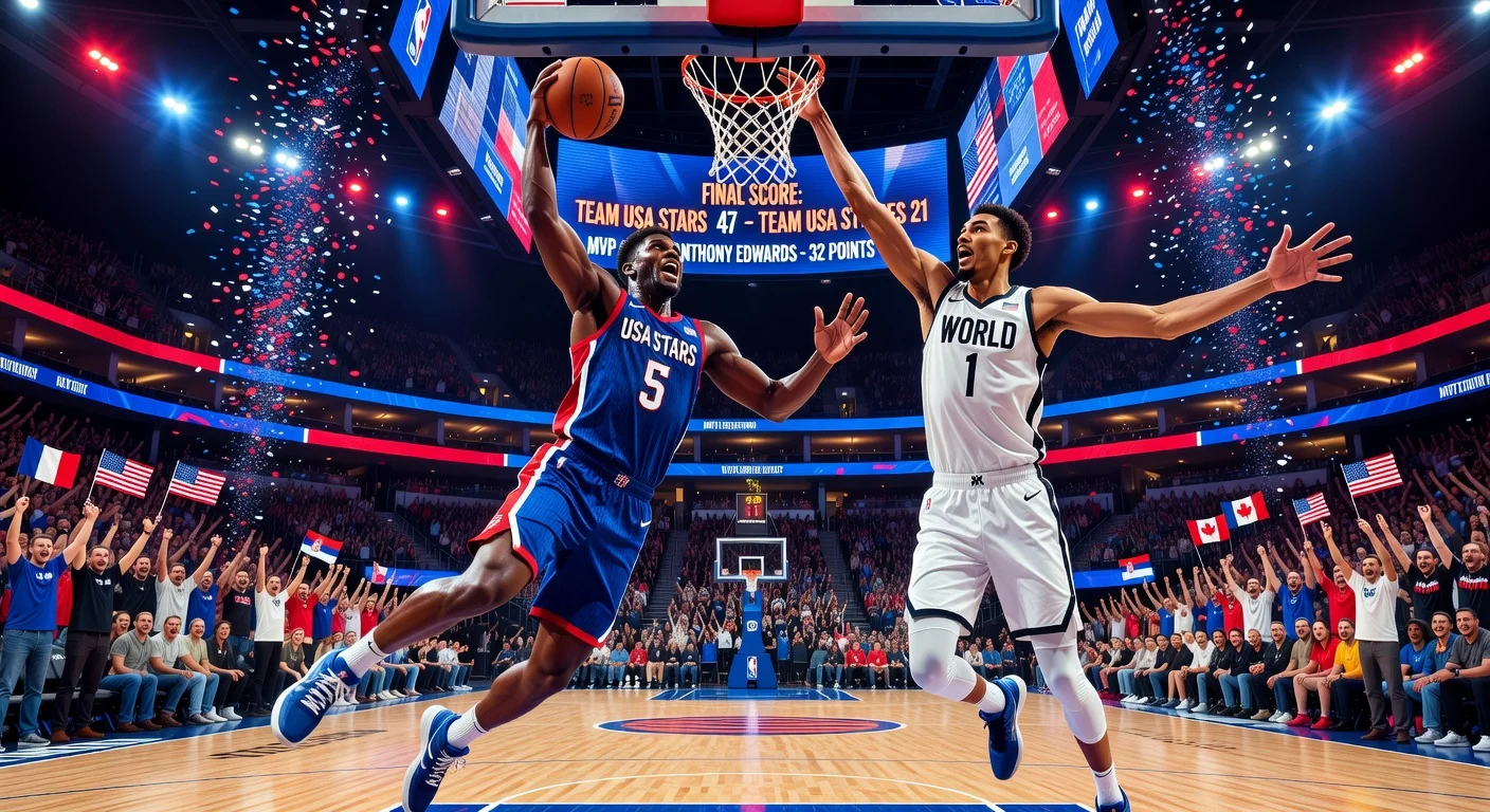Anthony Edwards dunks powerfully as MVP in the revitalized USA vs. World 2026 NBA All-Star Game championship at Intuit Dome.
