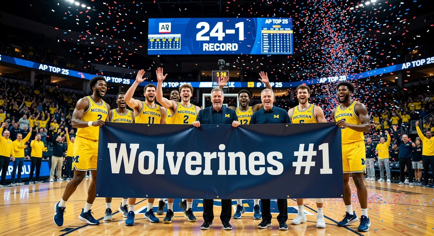 Michigan Wolverines basketball team and Coach Dusty May celebrate No. 1 ranking in AP Top 25 poll after 24-1 season.