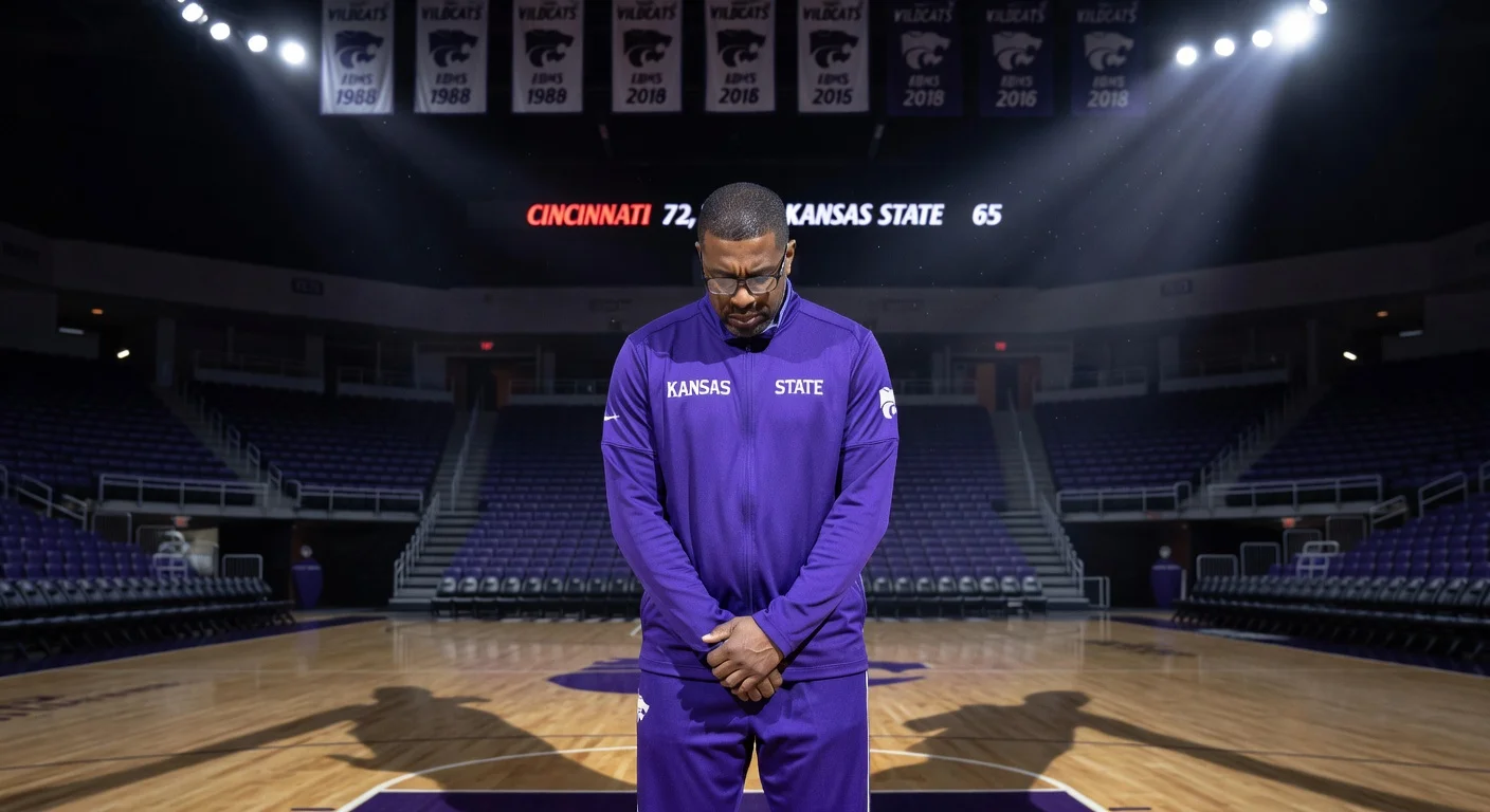 Dejected Kansas State coach Jerome Tang stands alone on empty basketball court after dismissal, photorealistic news illustration.