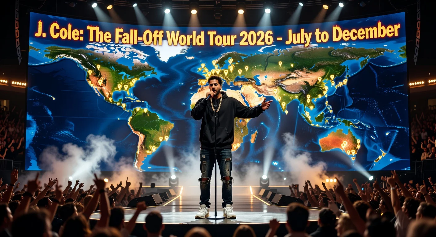 Photorealistic illustration of J. Cole on stage with a world map backdrop highlighting his 2026 'The Fall-Off' world tour cities.