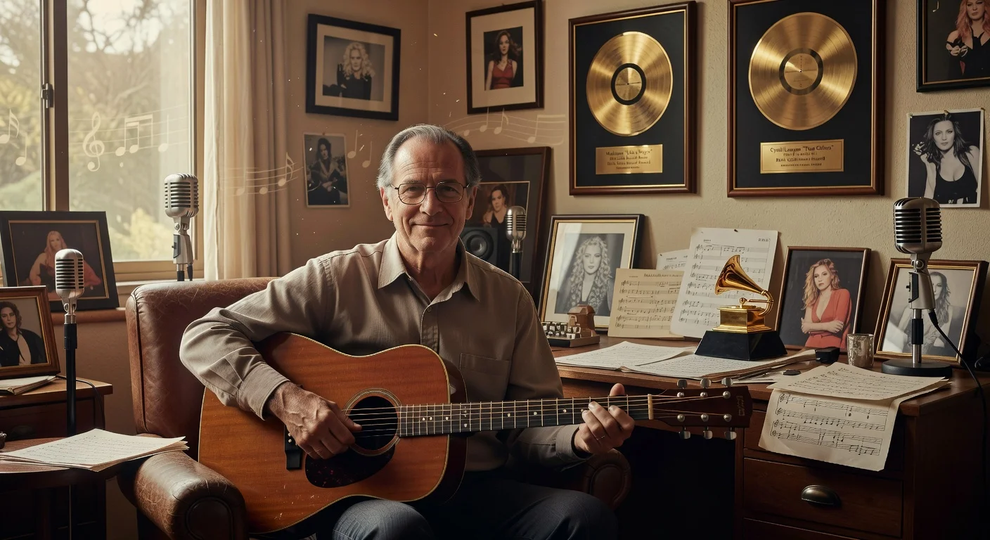 Tribute portrait of songwriter Billy Steinberg in his studio with awards for hits like 'Like a Virgin' and 'True Colors'.