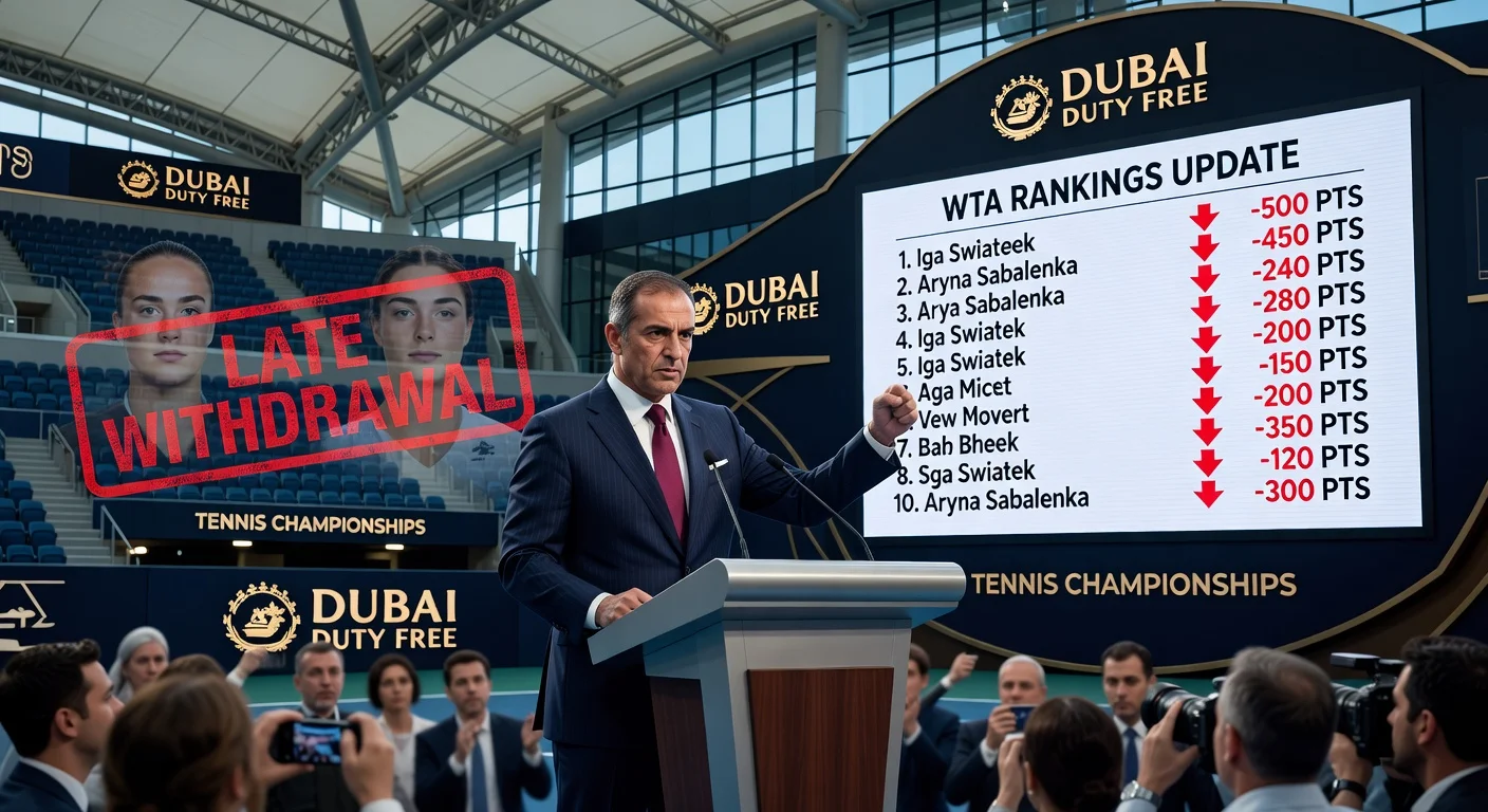 Frustrated Dubai tennis director Salah Tahlak demands WTA ranking point deductions for late withdrawals by top players at press conference.