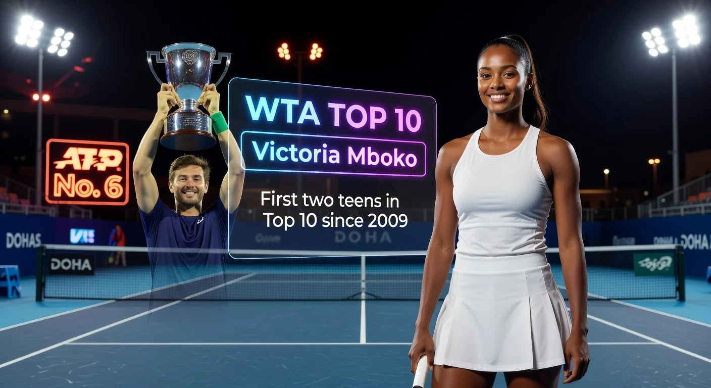 Victoria Mboko celebrates WTA top 10 entry after Doha final; Alex de Minaur rises to ATP No. 6 post-Rotterdam win.