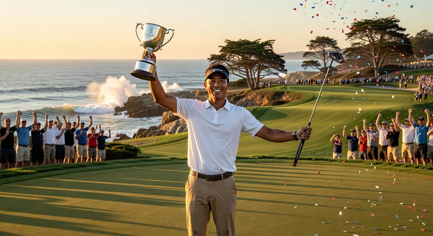 Collin Morikawa celebrates AT&T Pebble Beach Pro-Am win, holding trophy and borrowed putter on 18th green with ocean view.
