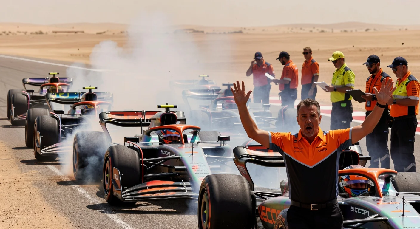 Dramatic scene of F1 2026 cars on Bahrain grid with smoke from turbo issues, McLaren boss Andrea Stella urging safety changes amid team concerns.